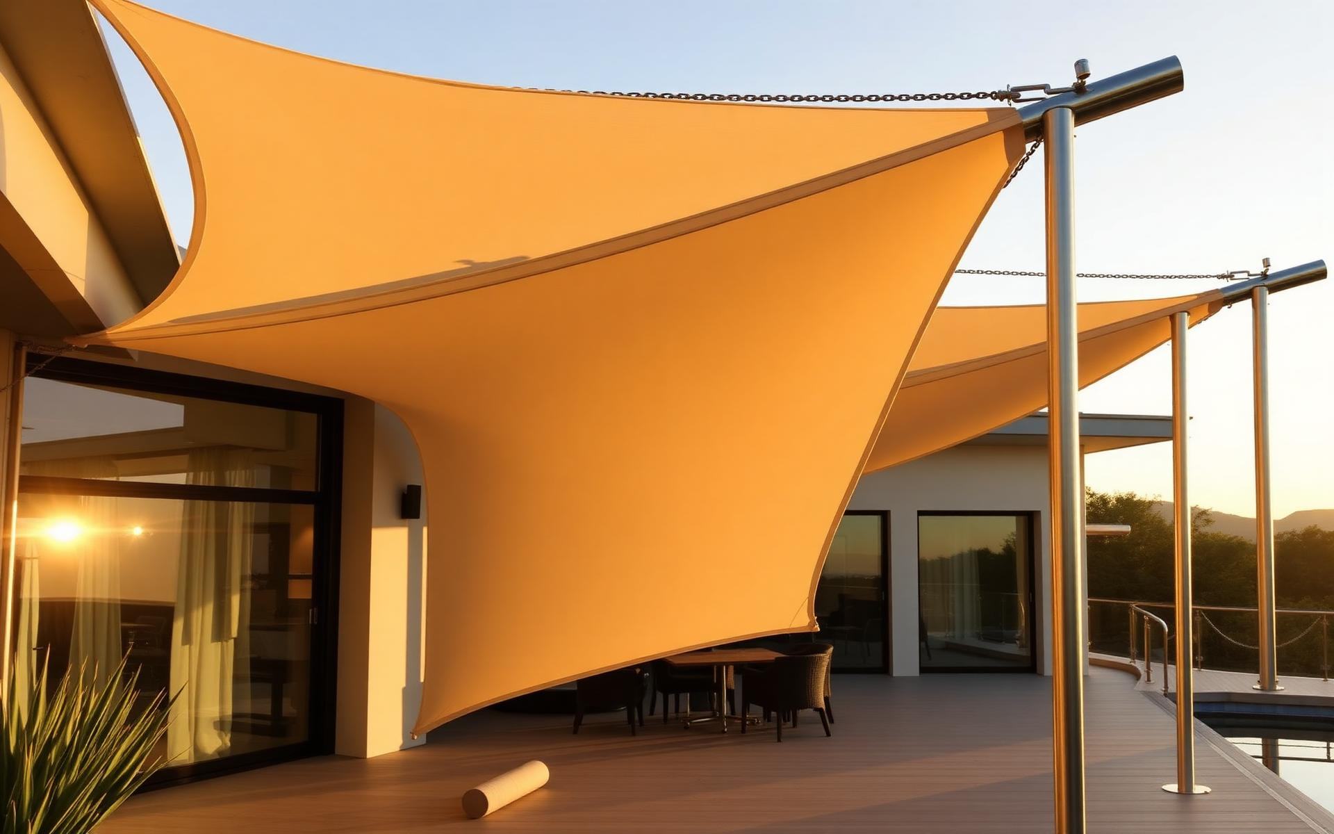 Aufrollbares Premium-Sonnensegel auf Edelstahlmasten über einer Terrasse im Abendlicht