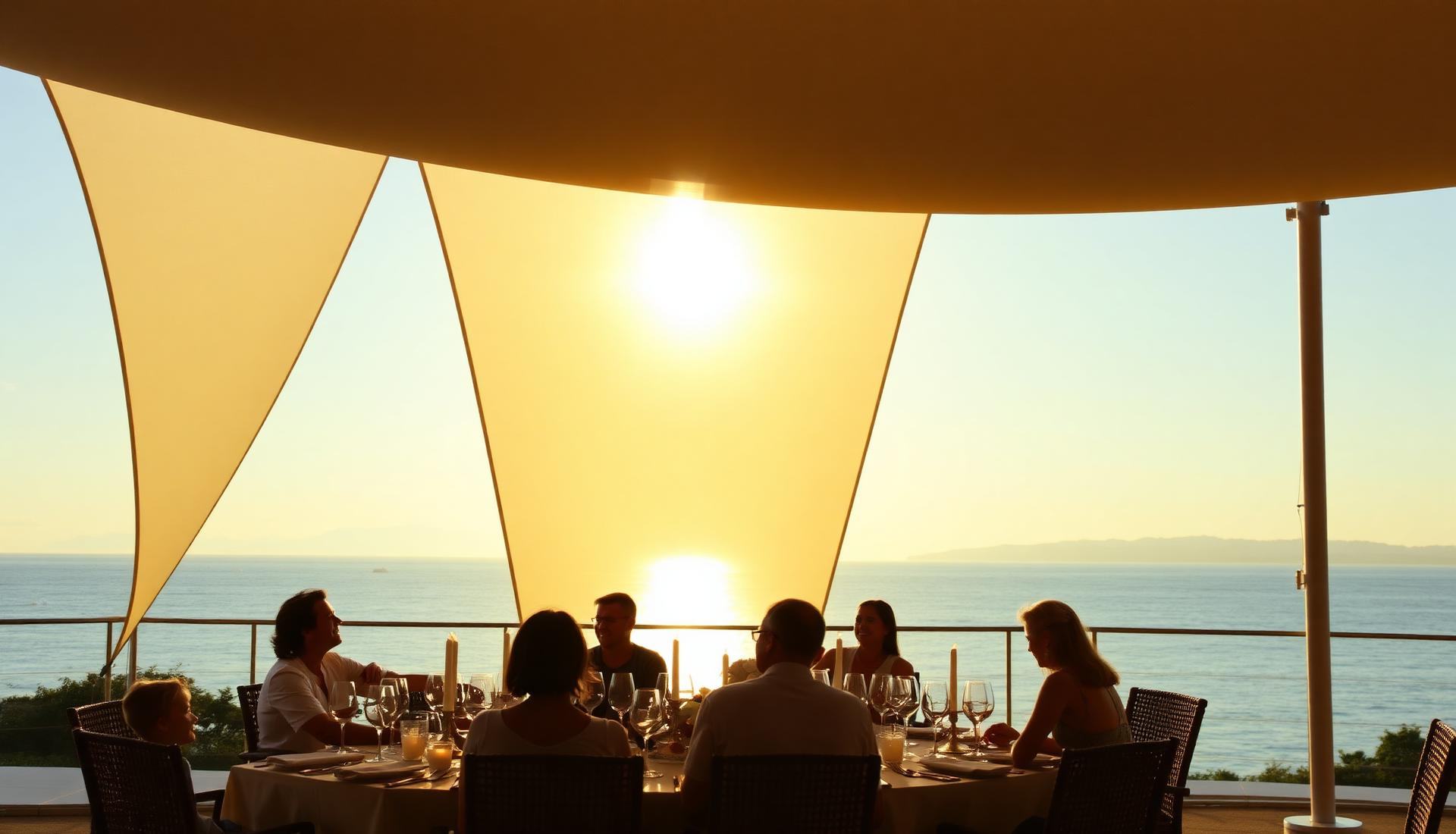 Abendessen unter einem Sonnensegel im warmen Licht der Abendsonne