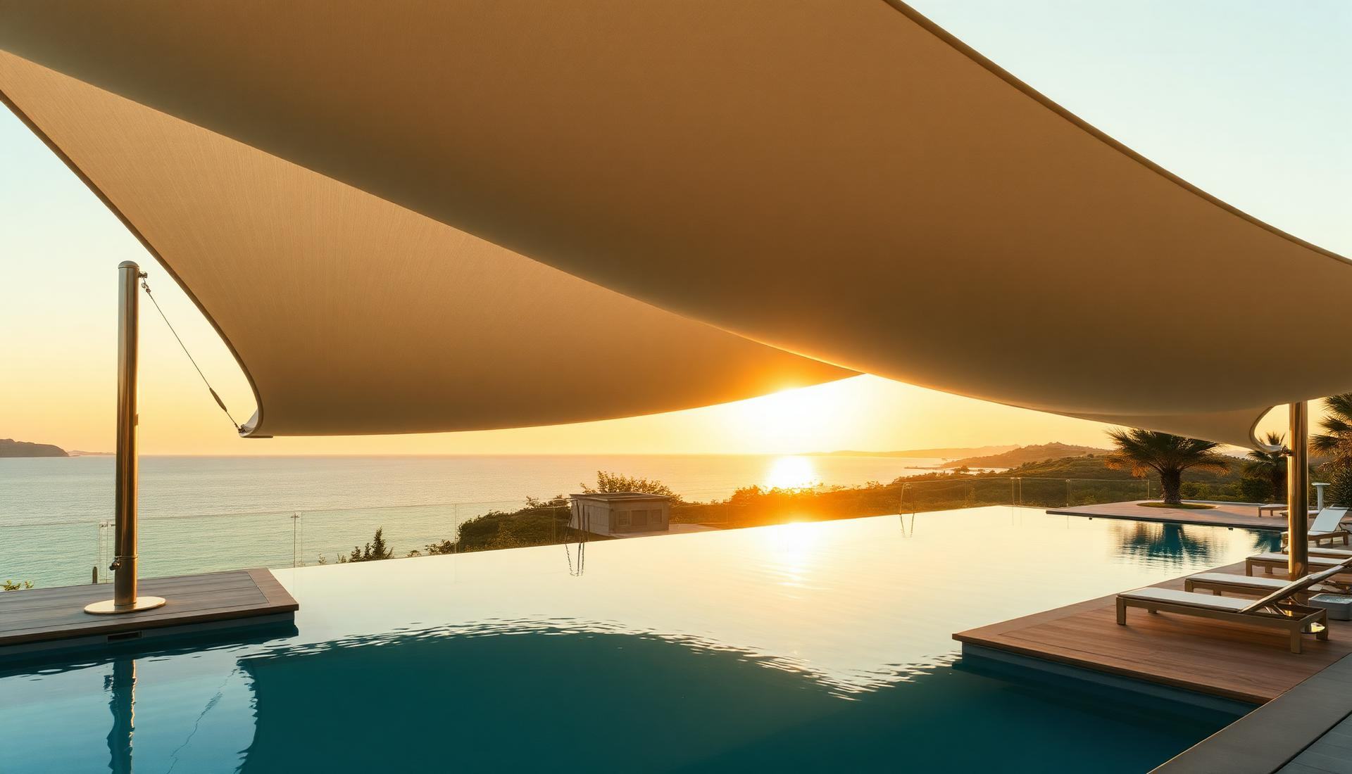 Leichtes Sonnensegel über einem Pool im mediterranen Abendlicht